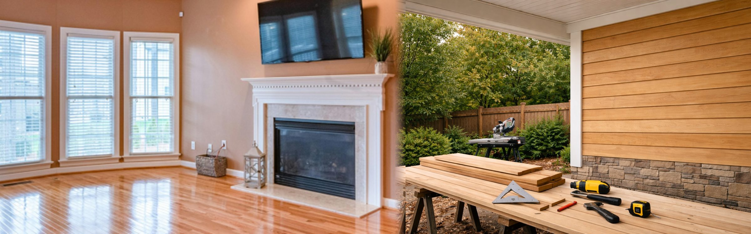 Interior and exterior upgrade collage with clean workbench and new siding