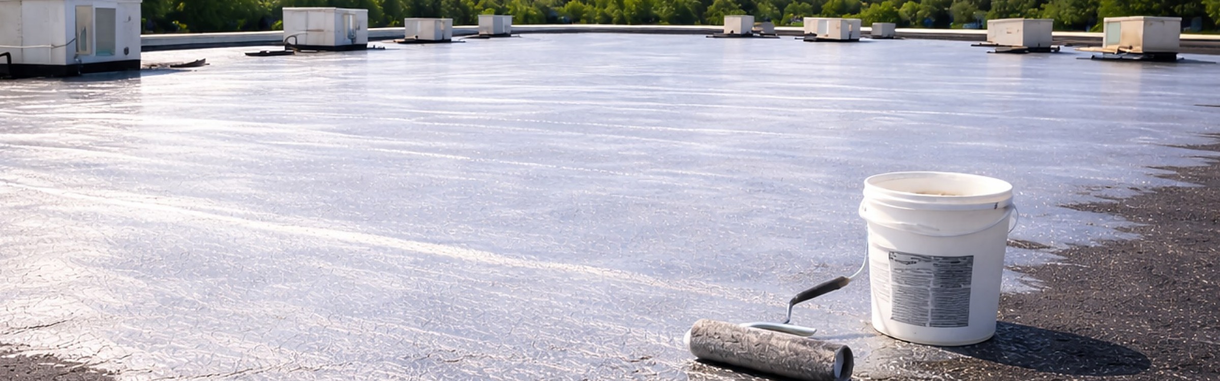 Partially applied reflective roof coating on a flat commercial roof