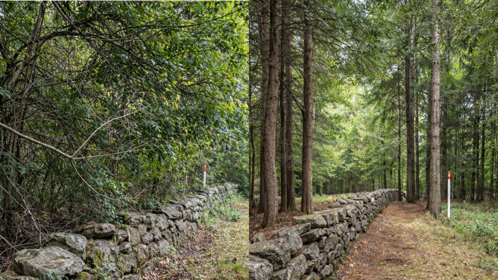 Stone wall marking a property boundary through the woods