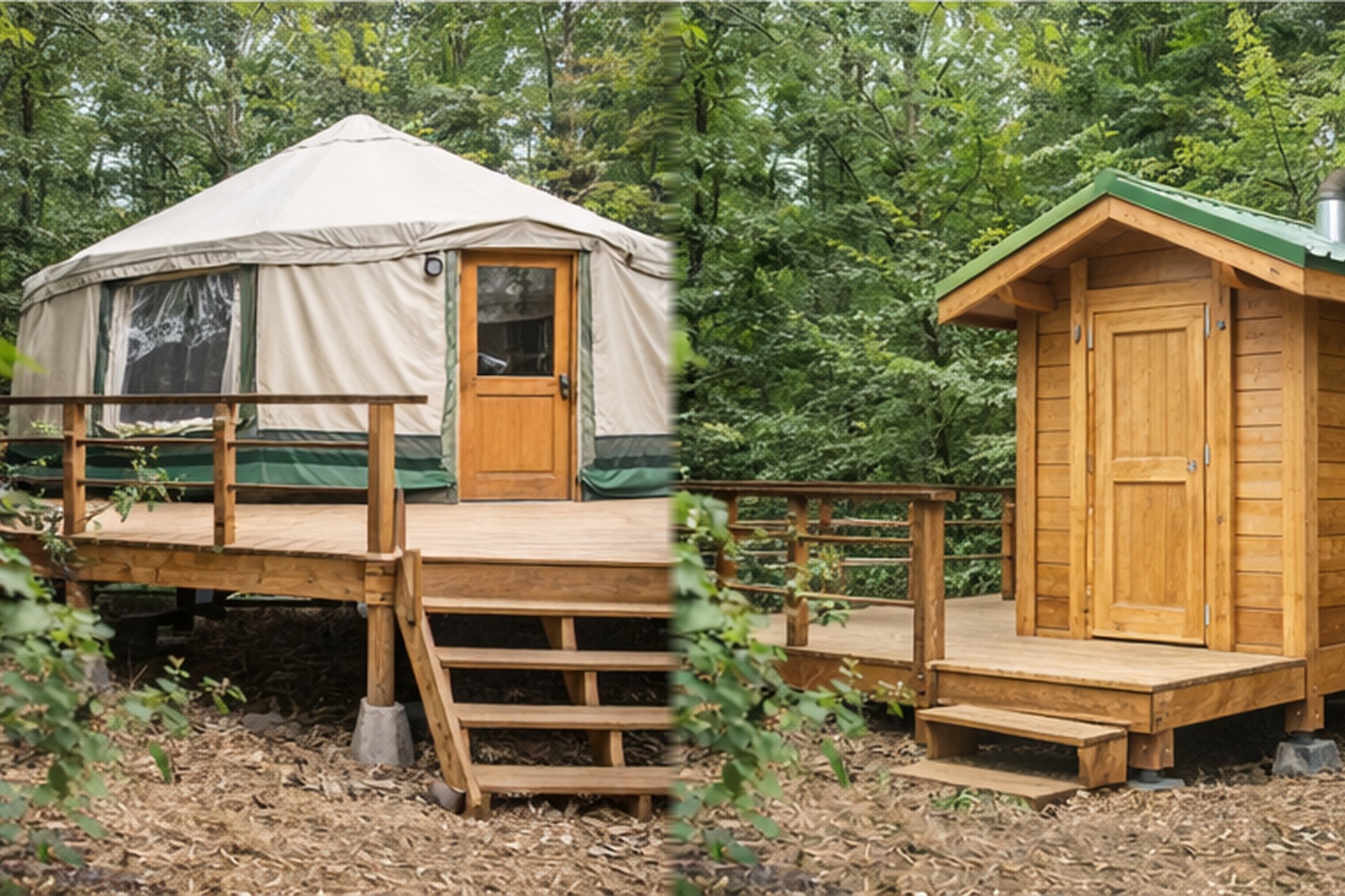 Remote carpentry builds: yurt deck platform on the left and a small outbuilding on the right