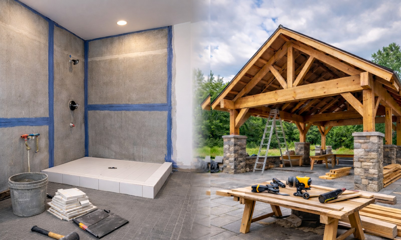 Interior tile shower base and exterior pavilion build in progress, showing clean repair and upgrade work.