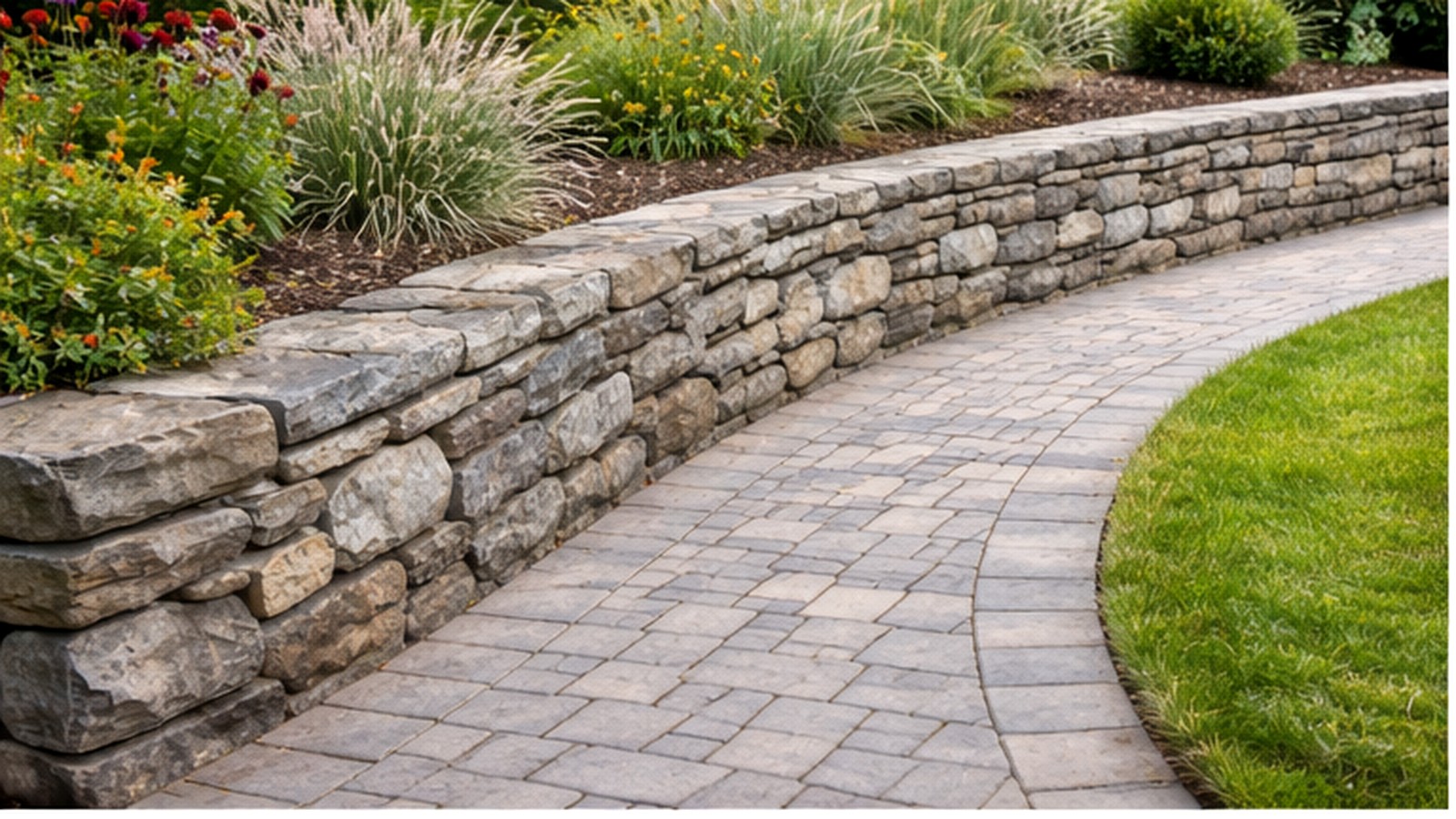 Wide view of a stacked fieldstone wall beside a paver walkway, highlighting clean masonry and hardscape edges.