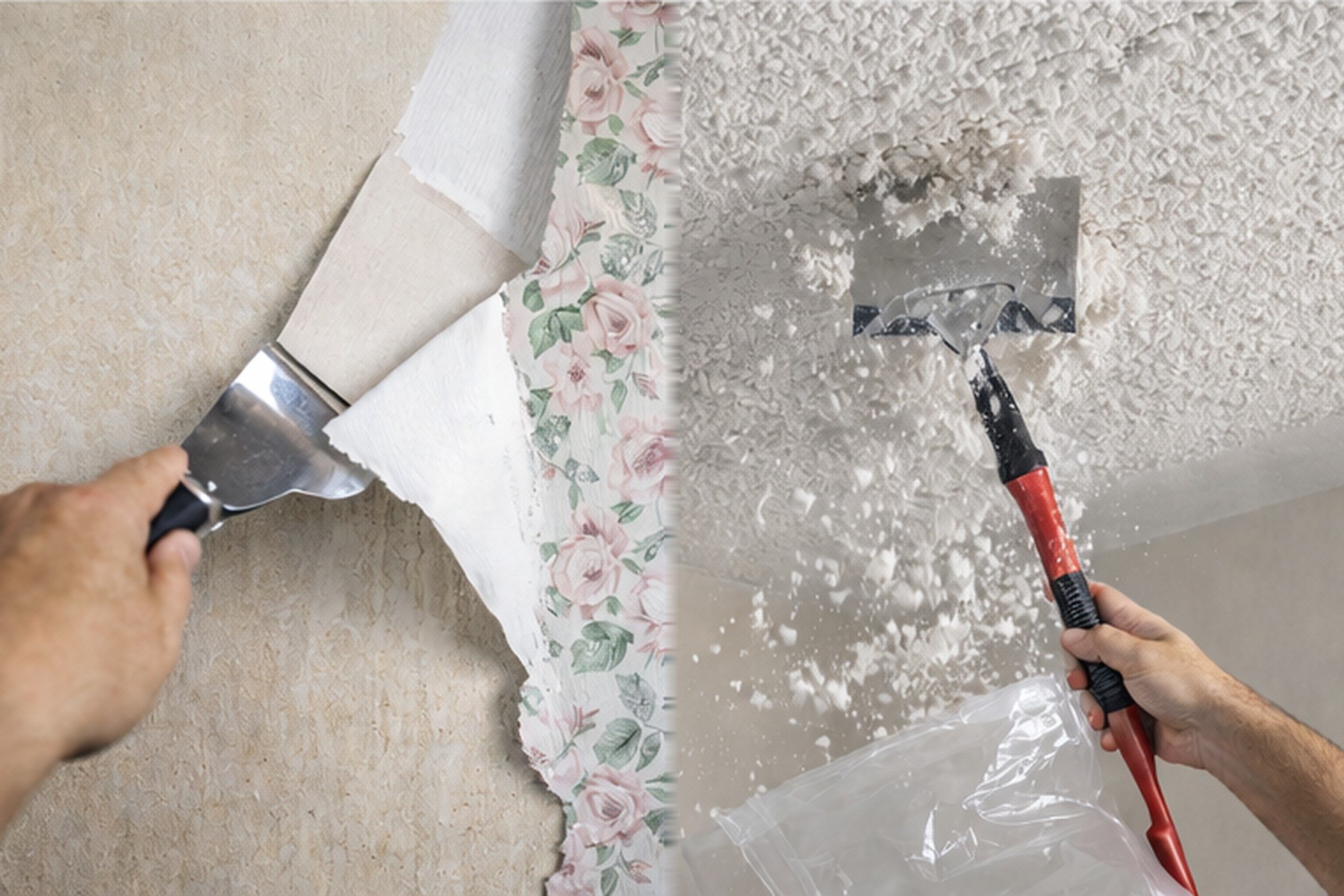 Interior surface prep: wallpaper removal on the left and popcorn ceiling removal on the right