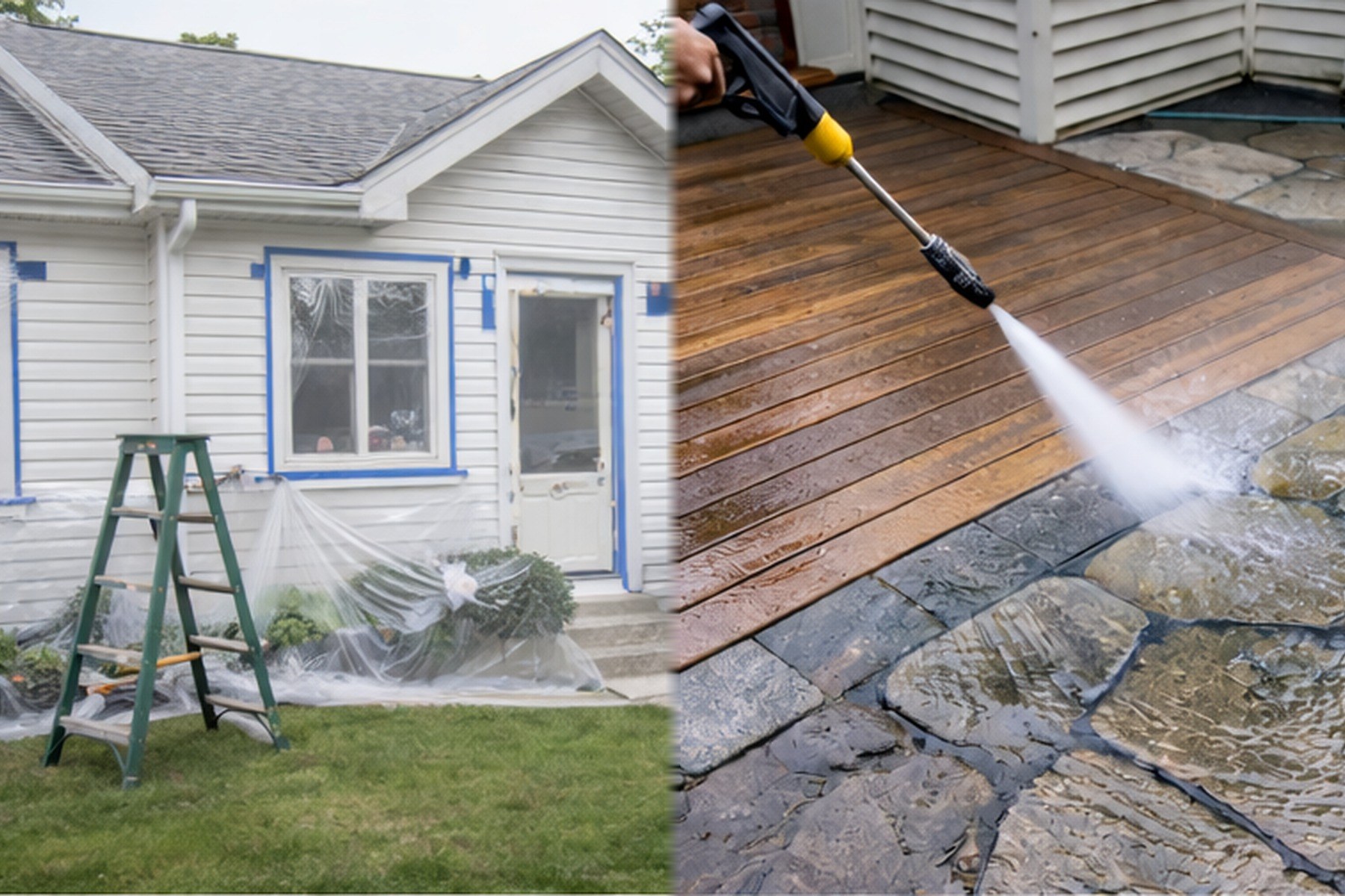 Exterior surface prep and pressure washing: outdoor prep on the left and washing on the right