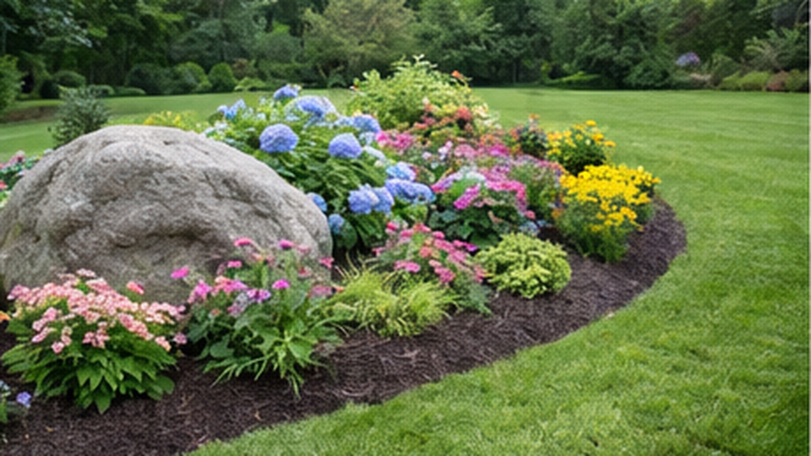 Landscaped mulch bed with boulder, hydrangeas, and seasonal flowers